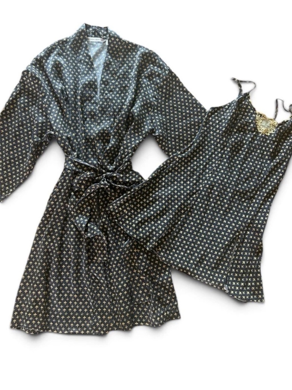 Vintage Victoria's Secret 100% SILK Robe Nightgown Size XS/S Black Tan Excellent